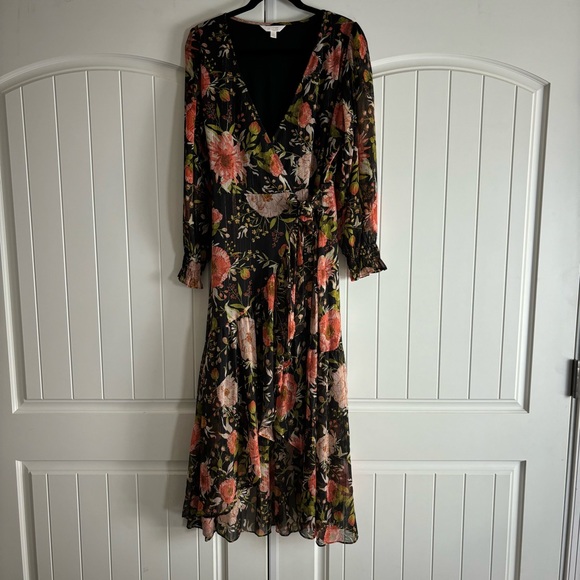 LC Lauren Conrad Floral High-Low Hem Faux-wrap Long Sleeve Maxi Dress Size M - Picture 3 of 10